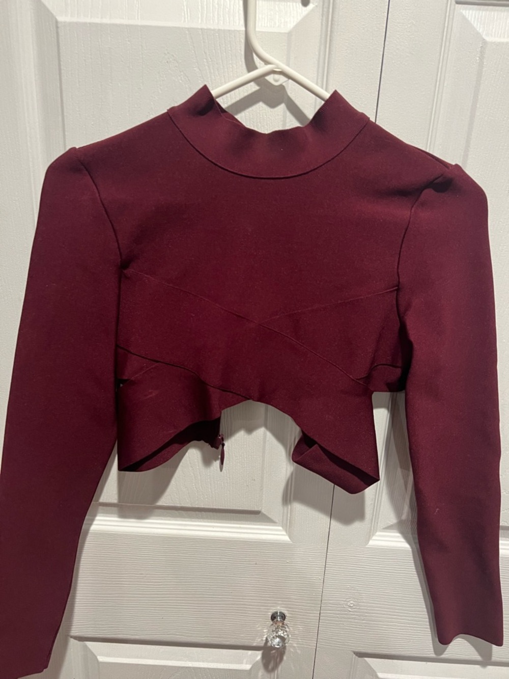 Mock Neck Cropped Long-Sleeve Top in Burgundy